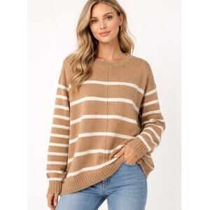 Talbots Tan Cream Striped Sweater Women’s Size M Relaxed Fit Long Sleeve